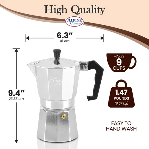 Miniatura 3 de Alpine Cuisine Cafetera de café expreso para estufa, 12.5 onzas, 9 tazas de expreso, olla moka para cafetera clásica italiana y cubana, olla moka
