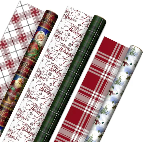 Hallmark Papel de regalo de Navidad reversible (3 rollos: 120 pies cuadrados ttl) Papá Noel vintage, muñecos de nieve, cuadros tradicionales verdes,
