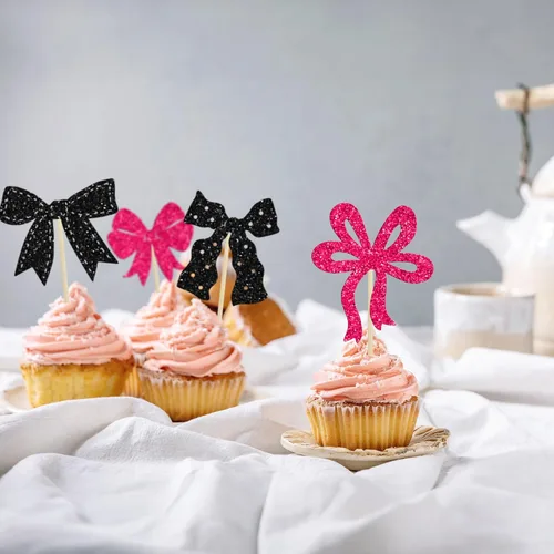Miniatura 5 de Ephlyn 24 Piezas Adornos para Cupcakes con Lazo Rosa - Decoraciones de Cupcakes con Moño para Nupcial, Baby Shower, Fiesta Temática de Boda - Negro