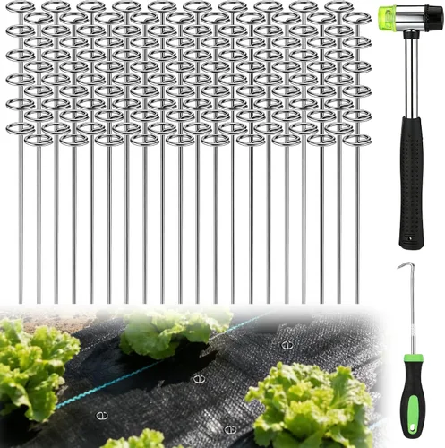 Miniatura 8 de Grapas de paisaje de 12 pulgadas con gancho y martillo, kit de 60 estacas de barrera de malezas con parte superior circular, 9 pines de tela