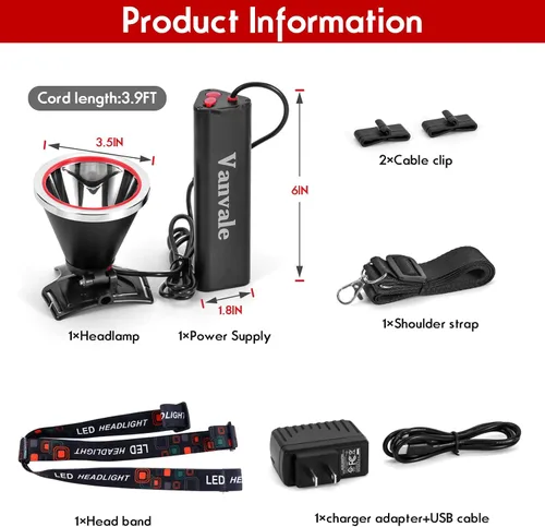 Miniatura 6 de Linterna frontal LED recargable de alta potencia, IPX4 impermeable con cargador, lámpara de caza de larga duración para correr, pesca, campamento