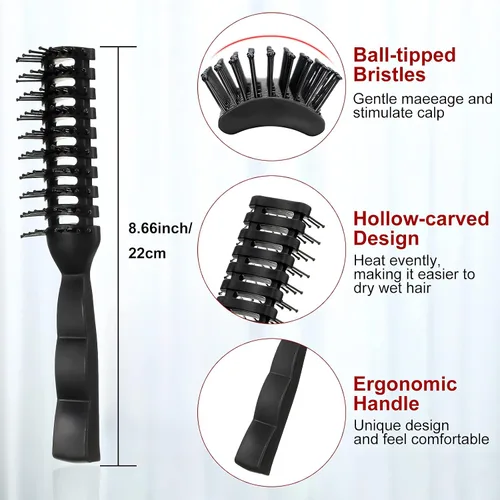 Miniatura 2 de Patelai 3 piezas de cepillo de ventilación para hombres y mujeres, cepillo de pelo de plástico negro, cerdas antiestáticas para cabello húmedo