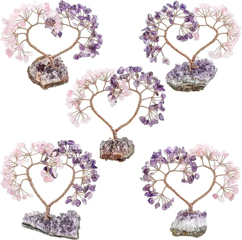 Miniatura 6 de TUMBEELLUWA Árbol de dinero con piedras de cristal con base de racimo de amatista natural, hecho a mano, figura de amor, árbol bonsái para buena