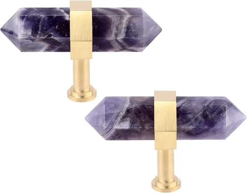 2 pomos hexagonales de cristal amatista para cajones con tornillos, barra en T, tiradores de piedra de latón cepillado para gabinete, cocina,