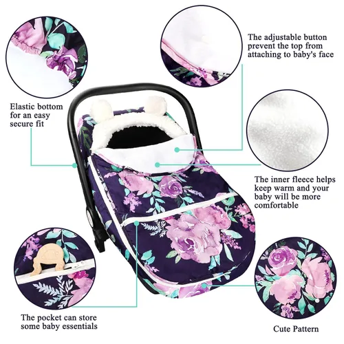 Miniatura 2 de Funda de asiento de automóvil de invierno para niñas, cubierta acogedora y cálida, toldo de asiento de automóvil infantil, ultra suave, Purple Flower