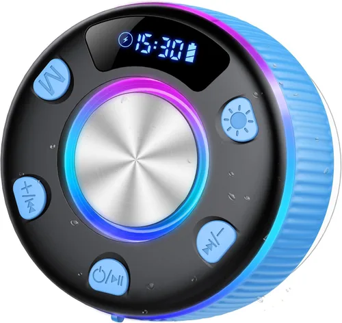 Altavoz de ducha Bluetooth, IP7 impermeable, portátil, Bluetooth 5.3 con ventosa, mini altavoz inalámbrico con luces RGB, pantalla de tiempo, sonido