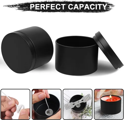Miniatura 2 de DINGPAI 24 latas de velas negras, lata vacía negra de 4 onzas con tapas para hacer velas de bricolaje, tarros de velas negras mate para hacer velas