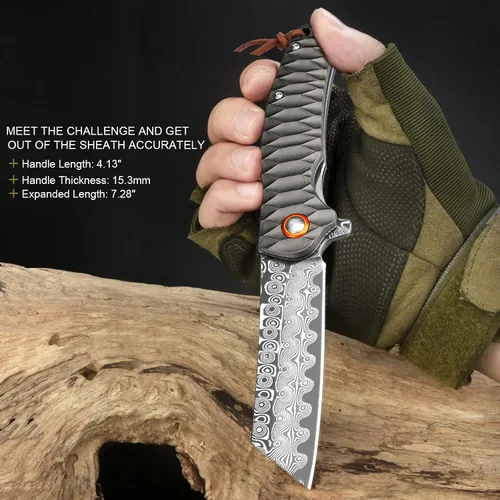 Miniatura 6 de Cuchillo de bolsillo AUBEY de Damasco, hoja de acero de Damasco de 3.34" con molino hueco, cuchillo plegable con rodamiento de bola, mango