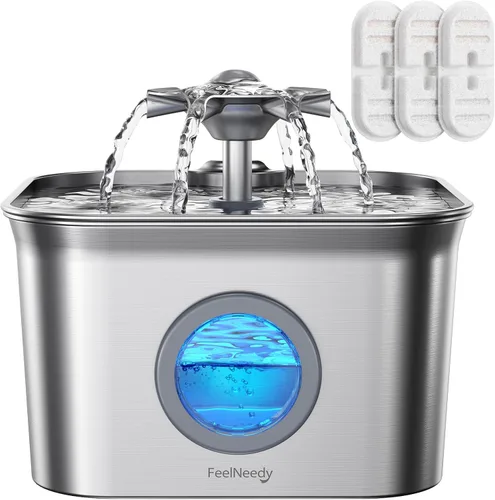 Fuente de agua para gatos de acero inoxidable, 2.8 L con bomba ultra silenciosa de 20 dB, ideal para mascotas tímidas, ventana LED de nivel de agua,