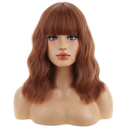 Miniatura 39 de BERON 14 Inches Ash Blonde Wig with Bangs Short Curly Wig Short Ash Blonde Bob Synthetic Wigs for Women Daily Halloween Party or Cosplay Hairnet