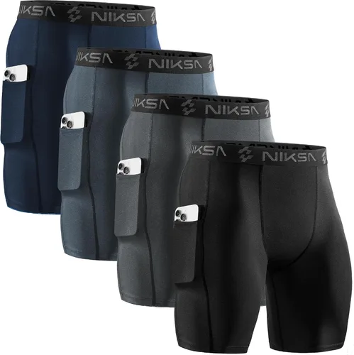 Miniatura 14 de Niksa Paquete de 2/4 pantalones cortos de compresión para hombre con bolsillo, pantalones cortos de elastano para correr, deportes, atletismo