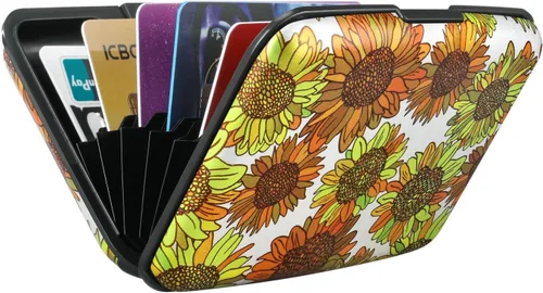 Miniatura 55 de ELFISH Mini cartera de aluminio RFID para tarjetas de crédito, funda de identificación de metal para hombres y mujeres, Happy Flower, Cartera Rfid