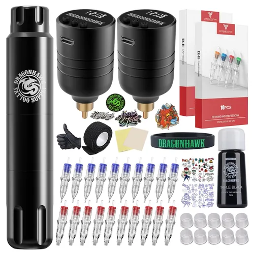 Miniatura 12 de Dragonhawk Pro Kit completo de bolígrafo de tatuaje, máquina ligera para tatuajes, 20 unidades, cartuchos, agujas, fuentes de alimentación para Kit