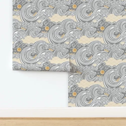 Miniatura 4 de Spoonflower Papel tapiz para despegar y pegar, diseño de bloques de aventura marina, olas, origami, barco, náutico, japonés, papel pintado extraíble