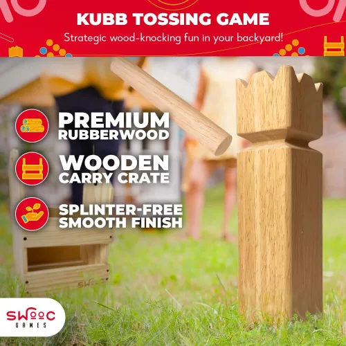 Miniatura 2 de SWOOC Games - Juego de Kubb Yard - Juego de ajedrez vikingo de madera dura premium con caja de madera - para adultos y niños - Juego de Kubb