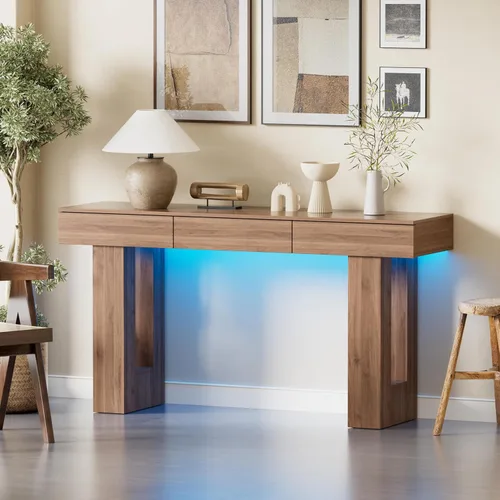 Miniatura 5 de PAKASEPT - Mesa de consola de 63 pulgadas con luces LED coloridas y 3 cajones, mesa de sofá rectangular de madera detrás del sofá, mesa de entrada