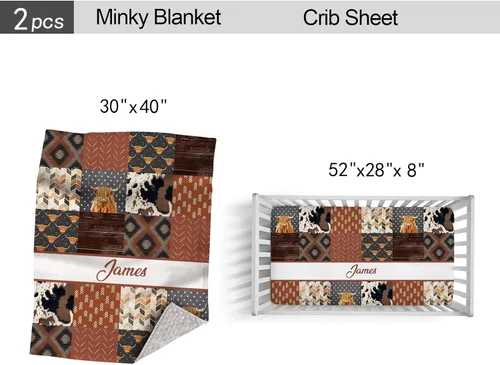 Miniatura 4 de Juego de ropa de cama personalizado para bebé: edredón para cuna y sábana bajera, bonito juego de guardería de vaca de tierra alta para niños y niñas