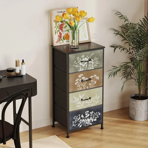 Miniatura 6 de Tohomeor Cómoda vintage vertical con mesita de noche, cajones de tela con diseño botánico neutro para armario, baño, torre de almacenamiento