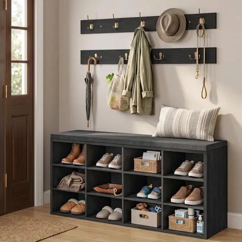 Miniatura 2 de HOOBRO Shoe Storage Bench with Cushion, 39.4" L Entryway Bench with 12 Cubbies, Entryway Hall Tree with Storage, Cubby Shoe Rack Bench with Coat