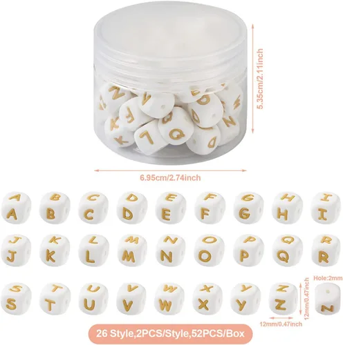 Miniatura 6 de FASHEWELRY 52 cuentas de silicona de 0.472 in, cuentas cuadradas de silicona del alfabeto de oro blanco, cuentas focales a granel para hacer A a
