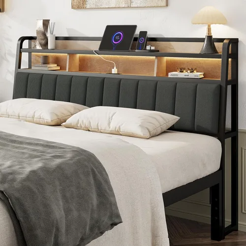 Miniatura 13 de Cabecera completa solo con almacenamiento, cabeceros tapizados para cama de tamaño matrimonial con luz LED, estación de carga, altura ajustable