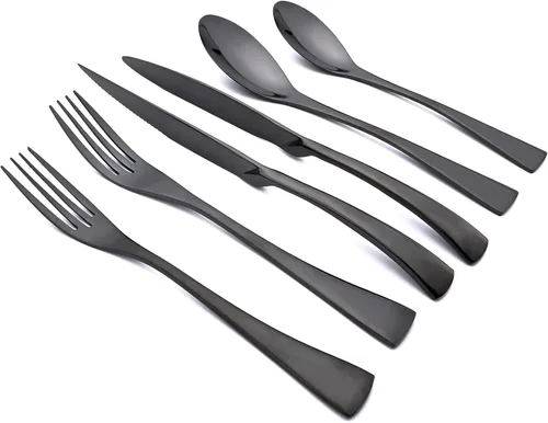 Miniatura 8 de Juego de cubiertos de 24 piezas, espejo de acero inoxidable 18/10, servicio de vajilla de lujo para 4, cuchillo de carne, postre, accesorios para Oro