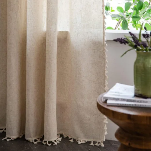 Miniatura 2 de AMZALI Cortinas texturizadas de lino y algodón con borlas, cortinas semiopacas para ventana, paneles de cortina con bolsillo para barra, cortina
