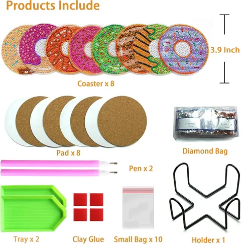 Miniatura 3 de Kit de posavasos de arte de diamante con soporte, 8 posavasos de arte de diamante para adultos, niños, principiantes, regalos de manualidades (donas)