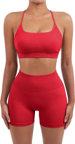Miniatura 3 de SUUKSESS Conjuntos de entrenamiento sin costuras para mujer, sujetador deportivo con tiras y cintura alta, pantalones cortos