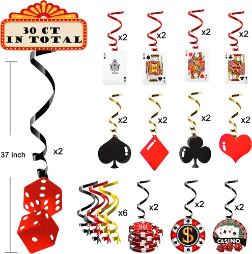 Miniatura 2 de 30 piezas de remolinos colgantes de casino para fiestas temáticas de póquer, decoración de techo para fiesta de cumpleaños de Las Vegas Casino Night