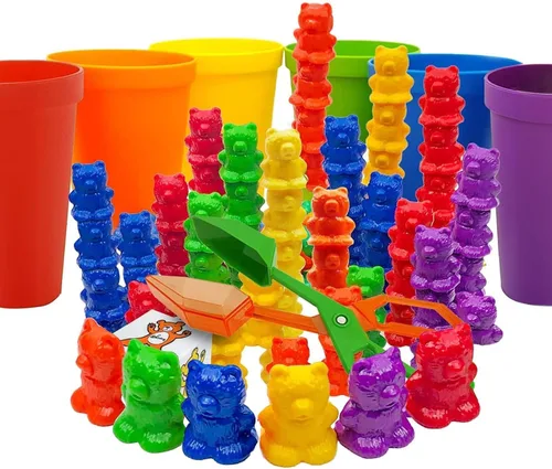 Skoolzy - Juego de osos arcoíris para apilar con tazas a juego para clasificar, juego de 69 piezas, 60 contadores de osos, pinzas de tijera, tazas