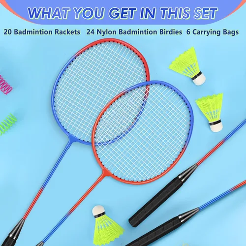 Miniatura 3 de Juego de 20 raquetas de bádminton con 24 volantes y 6 bolsas de transporte, raquetas de bádminton resistentes y ligeras para adultos principiantes