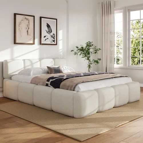 Miniatura 10 de Merax Cama de plataforma Boucle tamaño King con cabecero y estribo gruesos, marco de cama tapizado estilo bloque, color blanco