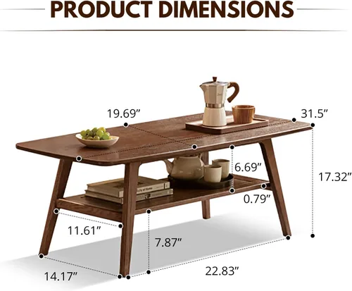 Miniatura 3 de Mesa auxiliar 100% de madera maciza con estante de almacenamiento, mesa central de madera de 2 niveles para sala de estar, mesa rectangular rústica