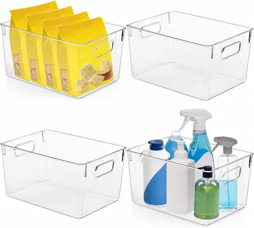 Paquete de 4 organizadores de cocina – Contenedores de almacenamiento de plástico transparente para refrigerador, despensa, gabinete, encimeras y