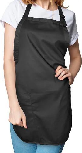 Miniatura 5 de Delantal de cocina para restaurante u hogar, estilo pechera, de hilado de poli algodón (2 bolsillos), Algodón, Negro, 30