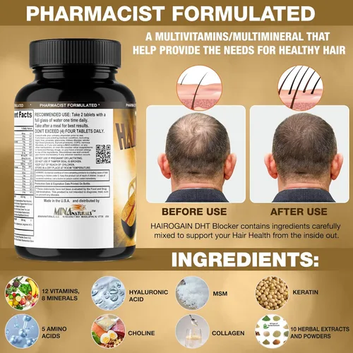 Miniatura 3 de HAIROGAIN DHT Blocker. Apoya el crecimiento del cabello. 10000 mcg de biotina, colágeno y vitaminas para el cabello añadidas. Ayuda a disminuir