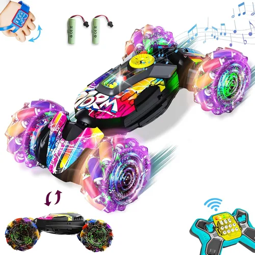 Autos RC, Auto de Acrobacias RC con Detección de Gestos con Luz y Música, Operación de Comando Personalizada, 4WD, Conducción de 45°, Rotación de