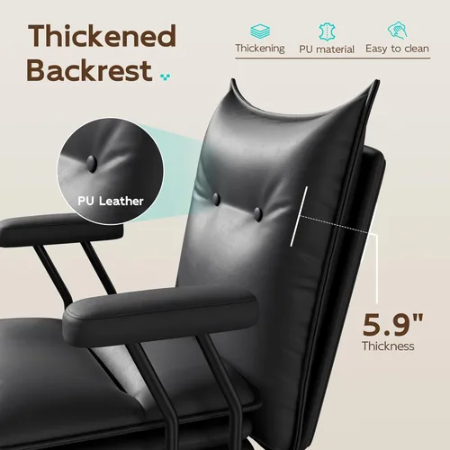Miniatura 6 de Silla de oficina negra con asiento ancho grueso de triple capa, silla de escritorio de cuero con respaldo medio con ruedas y brazos, silla