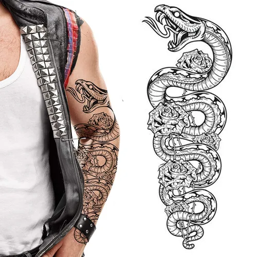 2 tatuajes temporales de brazo completo serpiente pitón rosas pegadas en transferencia de arte corporal para mujeres y hombres cosplay Halloween