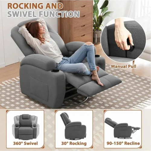 Miniatura 3 de Silla reclinable giratoria con masaje, rotación de 360 grados, silla ergonómica para adultos, función de masaje vibratorio (gris)