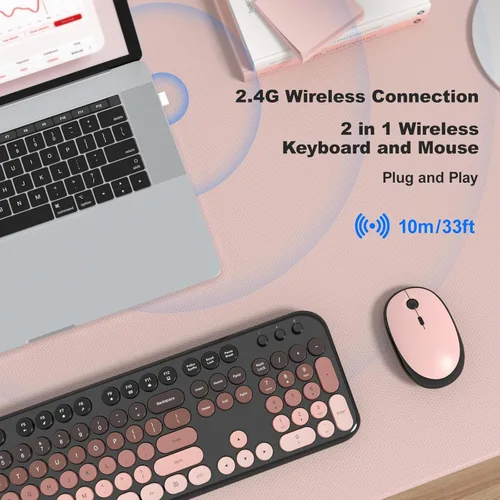 Miniatura 55 de KNOWSQT Combo de teclado y ratón inalámbrico, teclados lindos de tamaño completo estilo máquina de escribir 2.4G azul colorido - receptor USB Plug