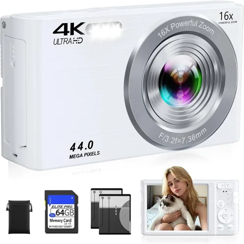 Miniatura 12 de Cámara digital 4K, cámara digital compacta digital de enfoque automático, zoom digital de 16X, cámara de viaje mejorada con tarjeta SD de 64 GB, 2