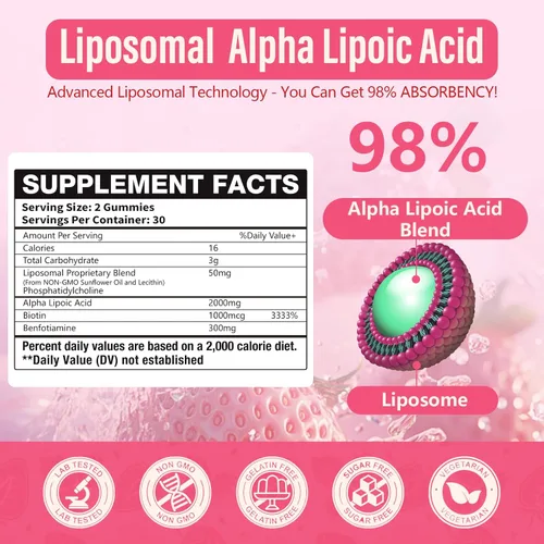 Miniatura 2 de Paquete de 2 gomitas liposomales de ácido alfa lipoico de 2000 mg, complejo ALA de alta potencia, biotina y benfotiamina para antioxidante, salud