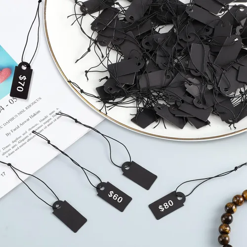 Miniatura 2 de 200 etiquetas de precio negras, etiquetas de regalo con cuerda elástica, etiqueta de precio de joyería escribible de papel kraft para ropa, joyería