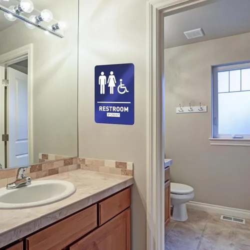 Miniatura 6 de Oudain Letrero de baño compatible con Ada con Braille, unisex, para discapacitados, para restaurante de negocios, 1 unidad, (azul)