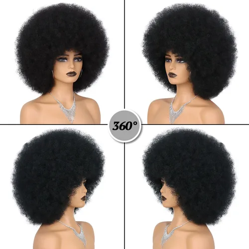 Miniatura 3 de Pelucas afro de los años 70 para mujeres negras, sin pegamento, peluca rizada afro soplada, resistente al calor, pelucas sintéticas para uso diario