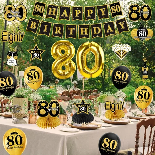 Miniatura 6 de Turypaty Kit de 36 decoraciones de cumpleaños número 80 para hombres y mujeres, globos de feliz cumpleaños de 80 años, globos de panal de abeja, Oro