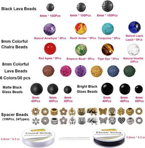 Miniatura 2 de EuTengHao Juego de 810 cuentas de roca de lava de color, cuentas de chakras espaciadoras con cuerda de cristal de piedras preciosas volcánicas
