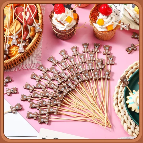 Miniatura 3 de Tioncy 100 unidades de palillos de cóctel con diseño de oso, palillos de dientes de oso de 4.7 pulgadas para aperitivos, pinchos de bambú